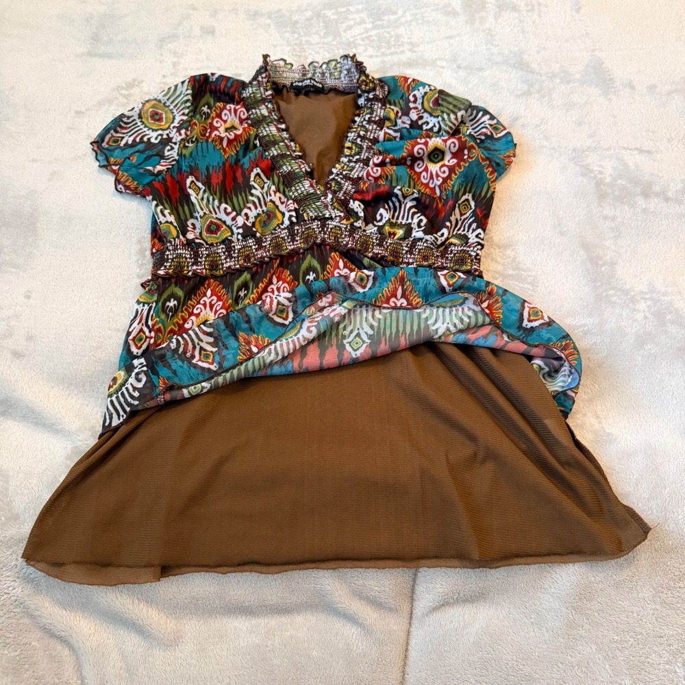 Cha Cha Vente Womens Multicolor Ikat Print Smocked Empire Waist Tunic Top Medium - Picture 3 of 5